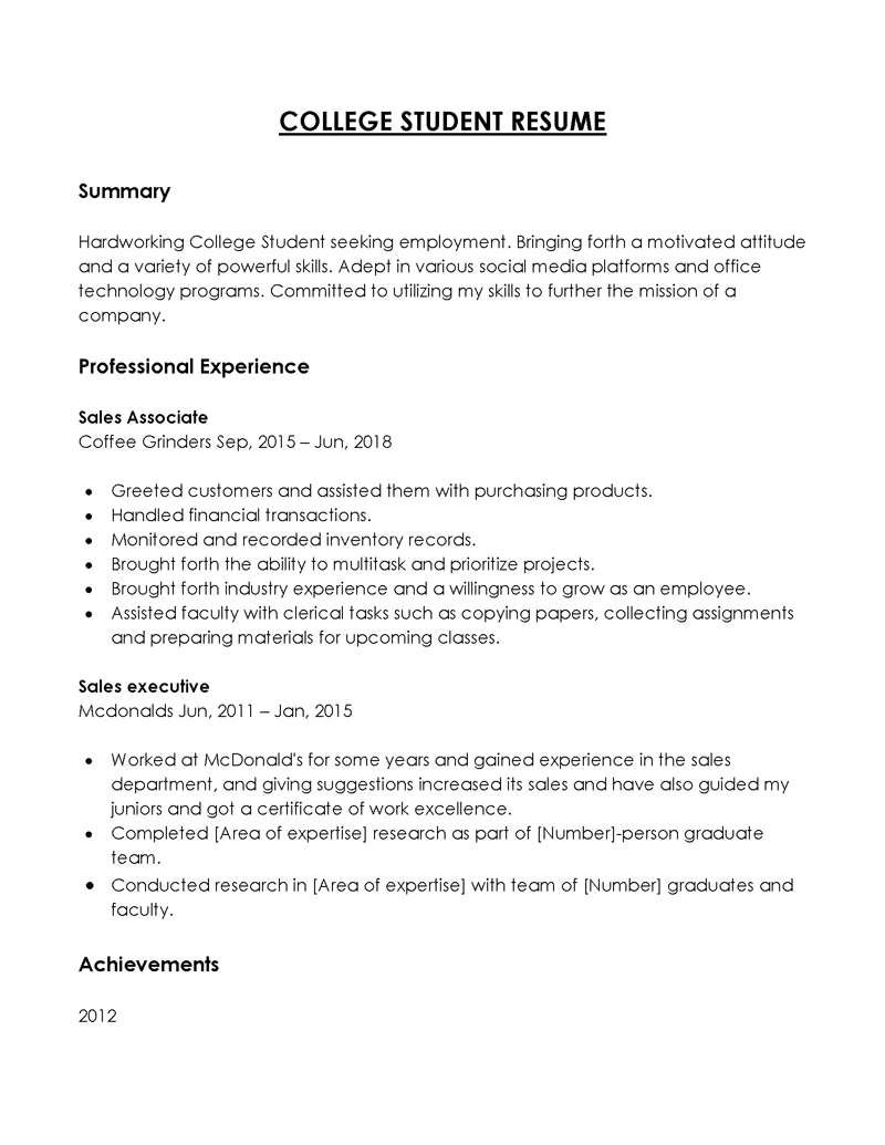 Free Downloadable Bachelor of Film and Media Studies College Student Resume Sample for Word Format