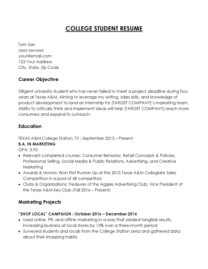 Free Downloadable BA Marketing College Student Resume Sample for Word Format