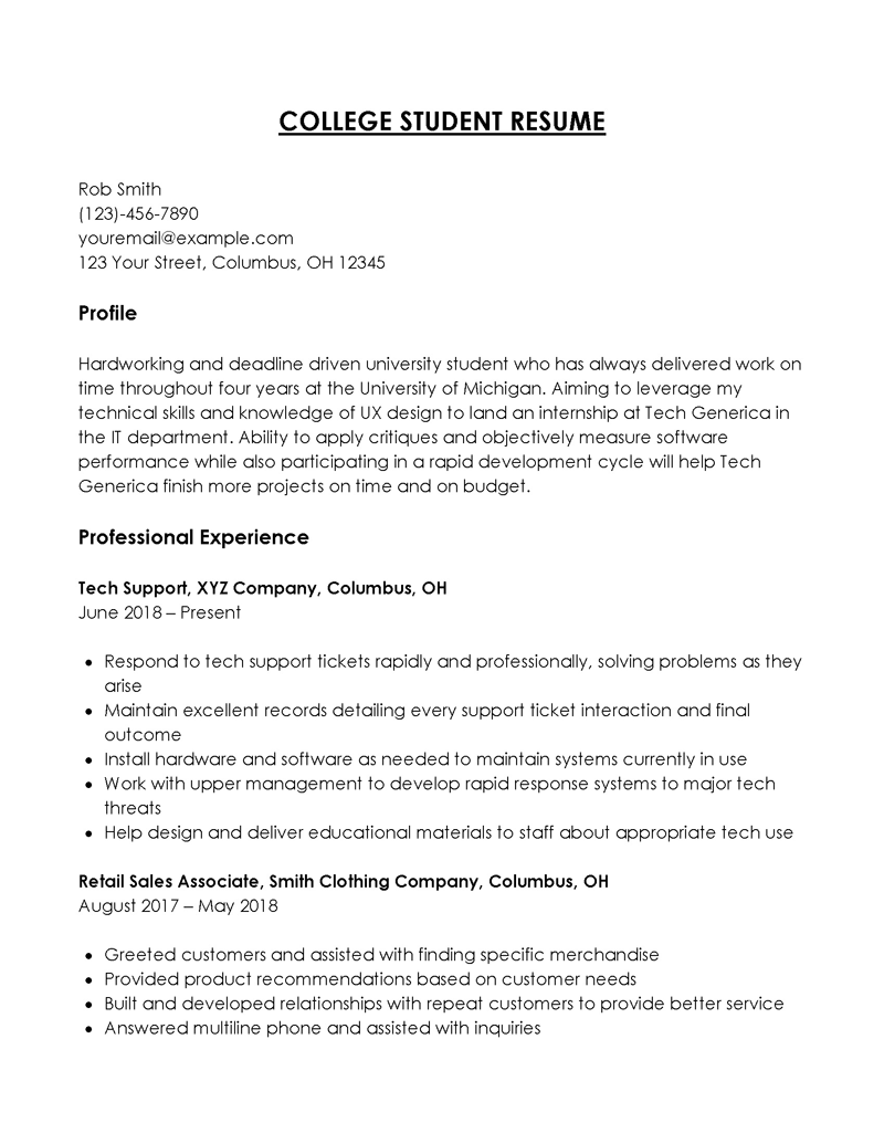 Great Editable Tech Support College Student Resume Sample for Word Format