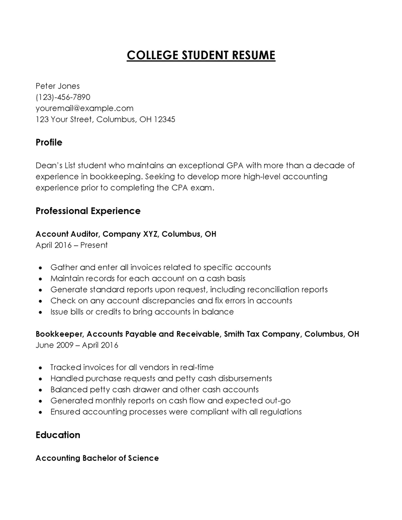 Great Editable Account Auditor College Student Resume Sample for Word Format