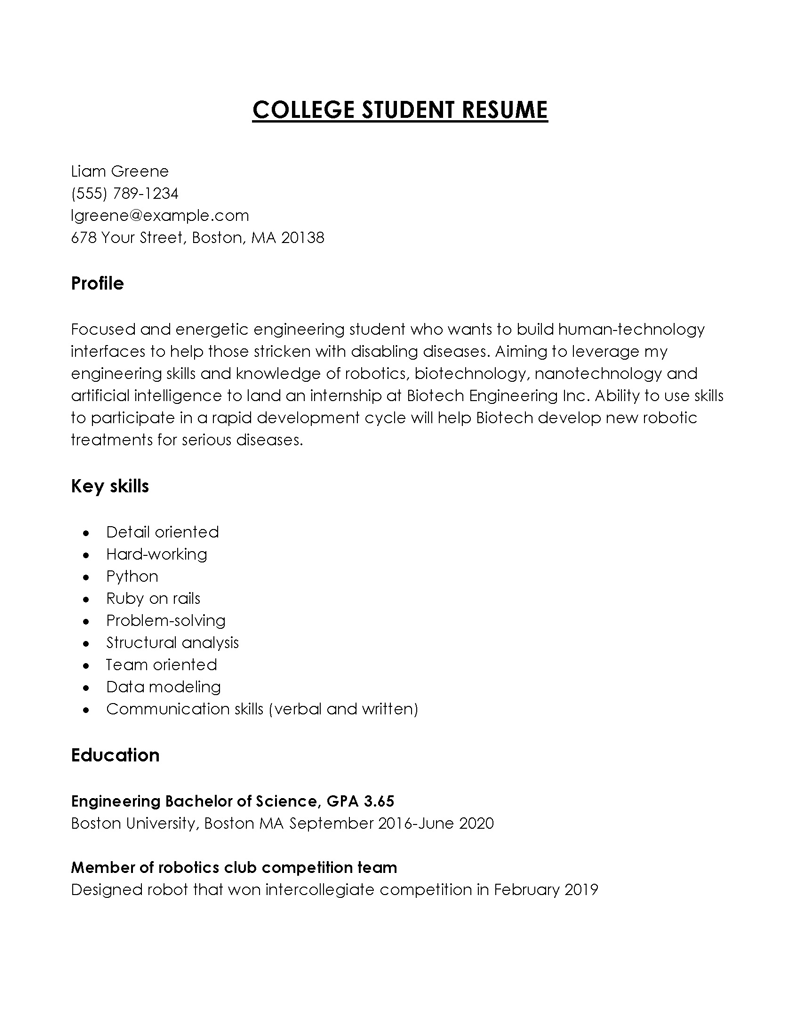 Great Editable BS Engineering College Student Resume Sample for Word Format