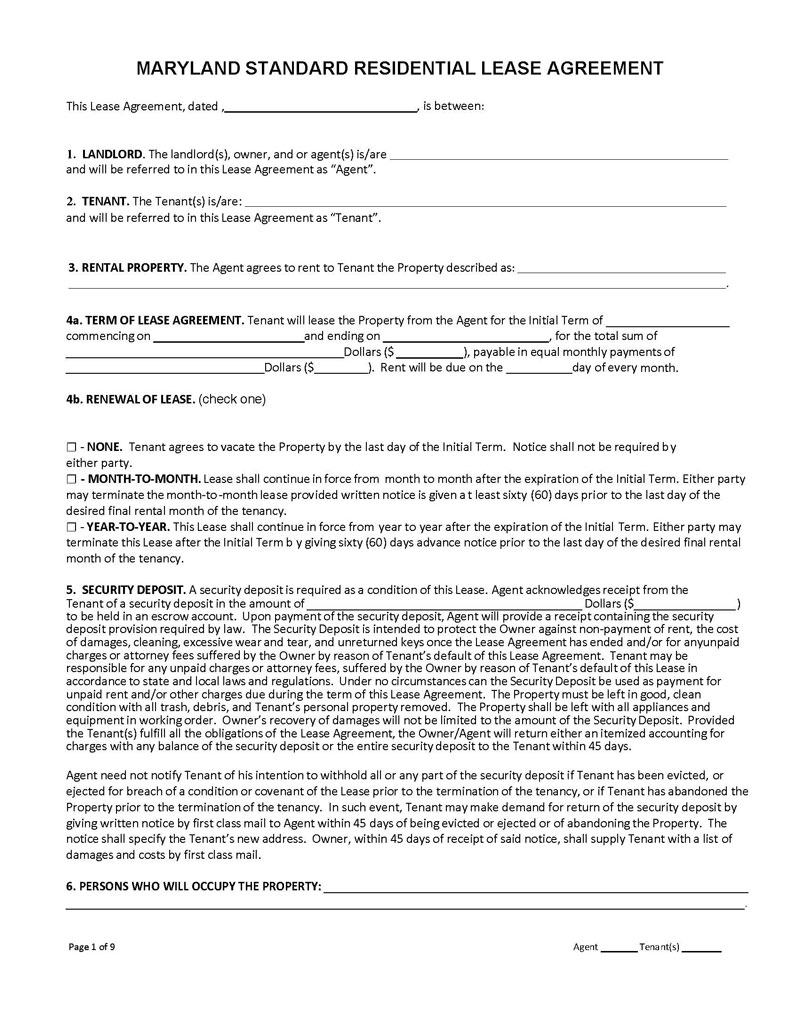 Downloadable Maryland Lease Agreement PDF