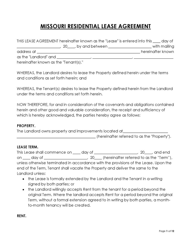 Free Printable Missouri Residential Lease Agreement Sample 02 as Word Document