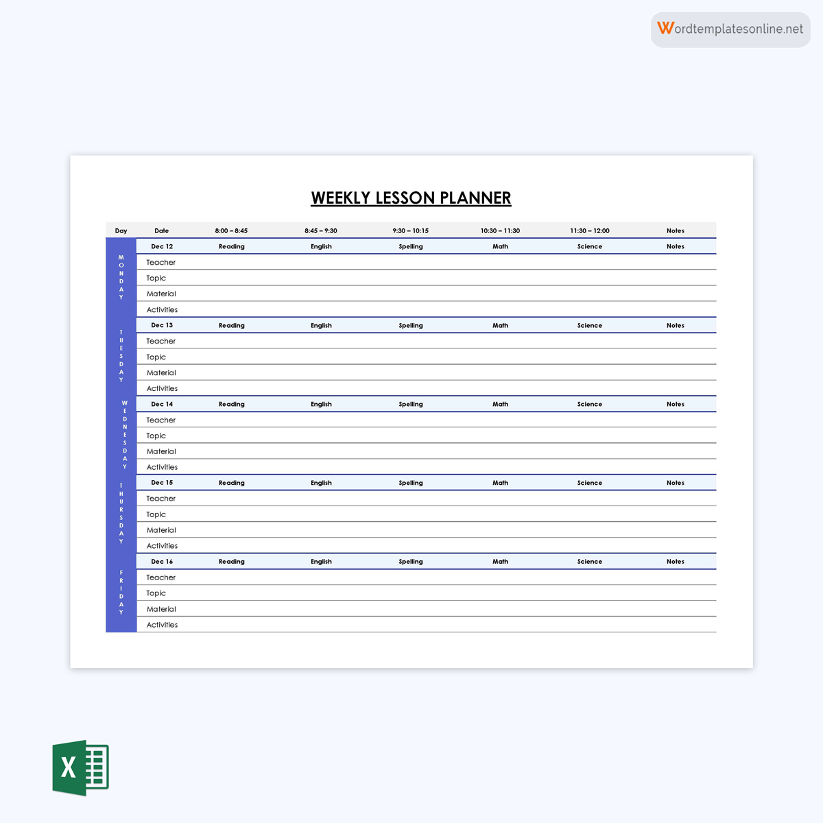 Weekly Lesson Plan excel