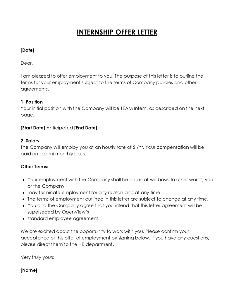 Internship offer letter from company to student 