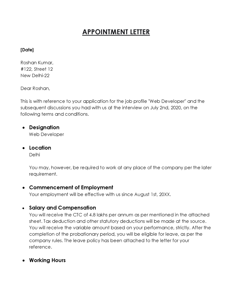 Appointment letter sample for employee 