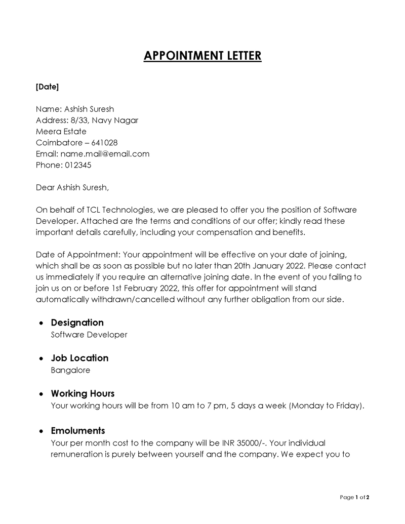 appointment letter format pdf