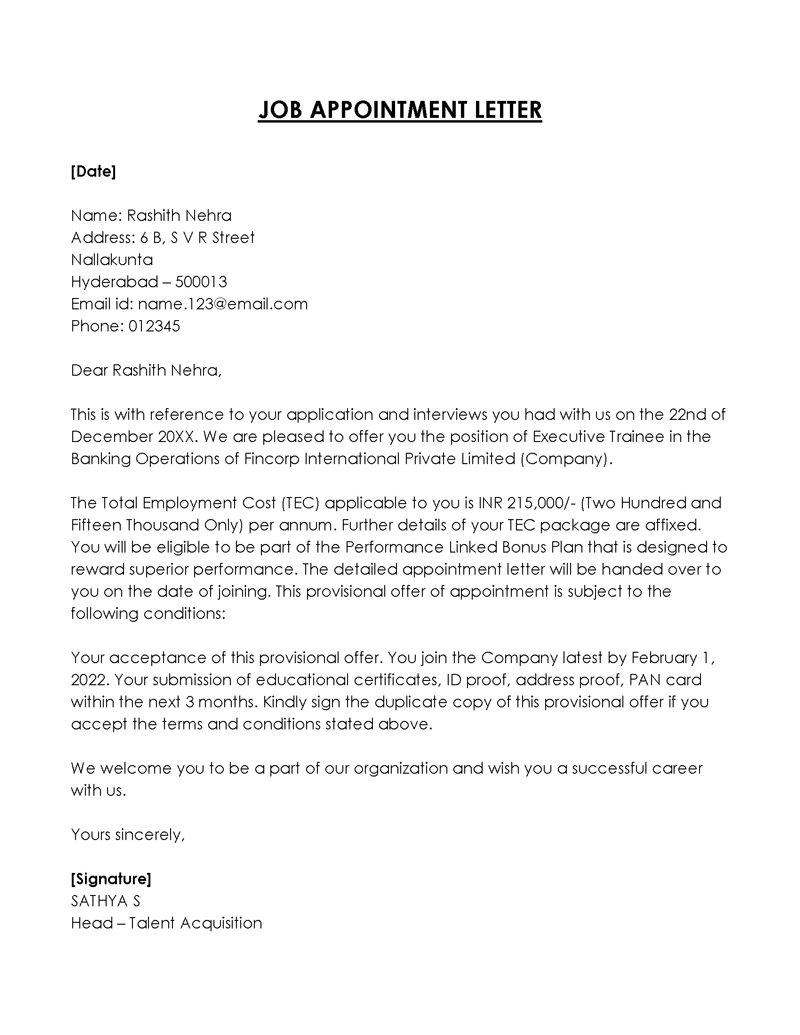 Appointment letter Sample PDF 