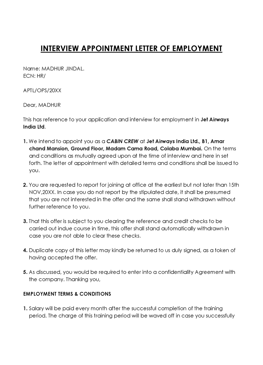 Interview appointment letter of employment