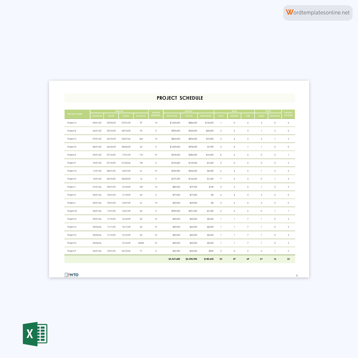 Free Project calendar template in excel