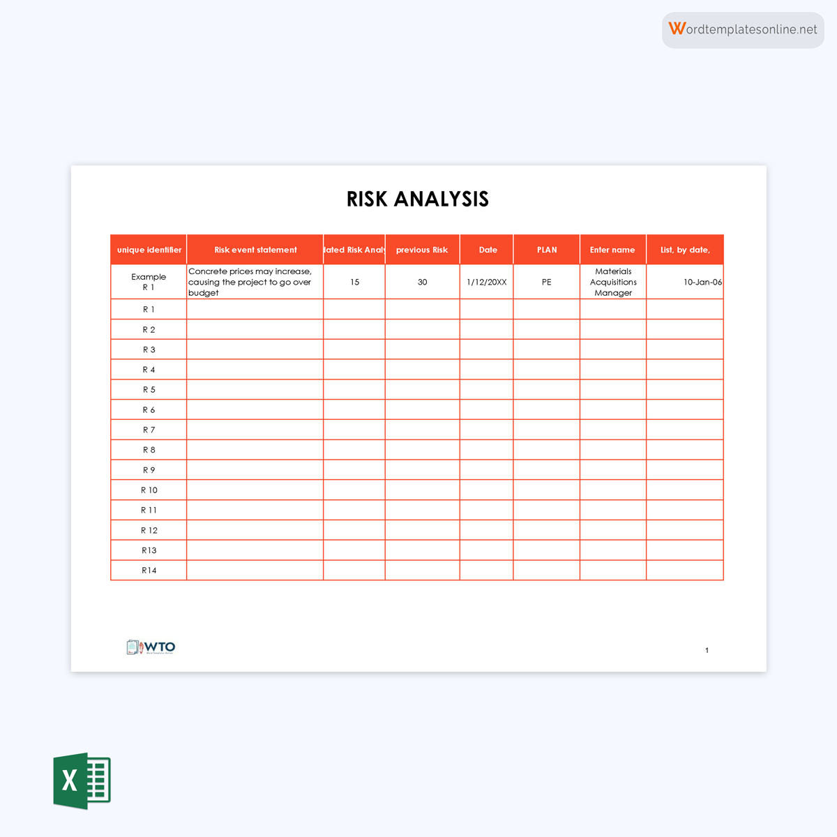 Printable Risk Analysis Template 10 for Excel