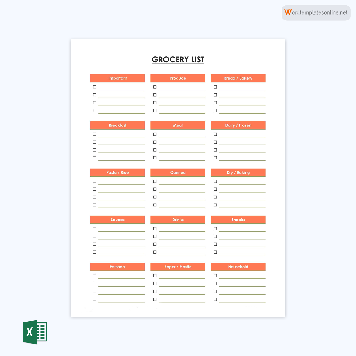 Free Fillable Grocery List Template 10 for Excel Sheet