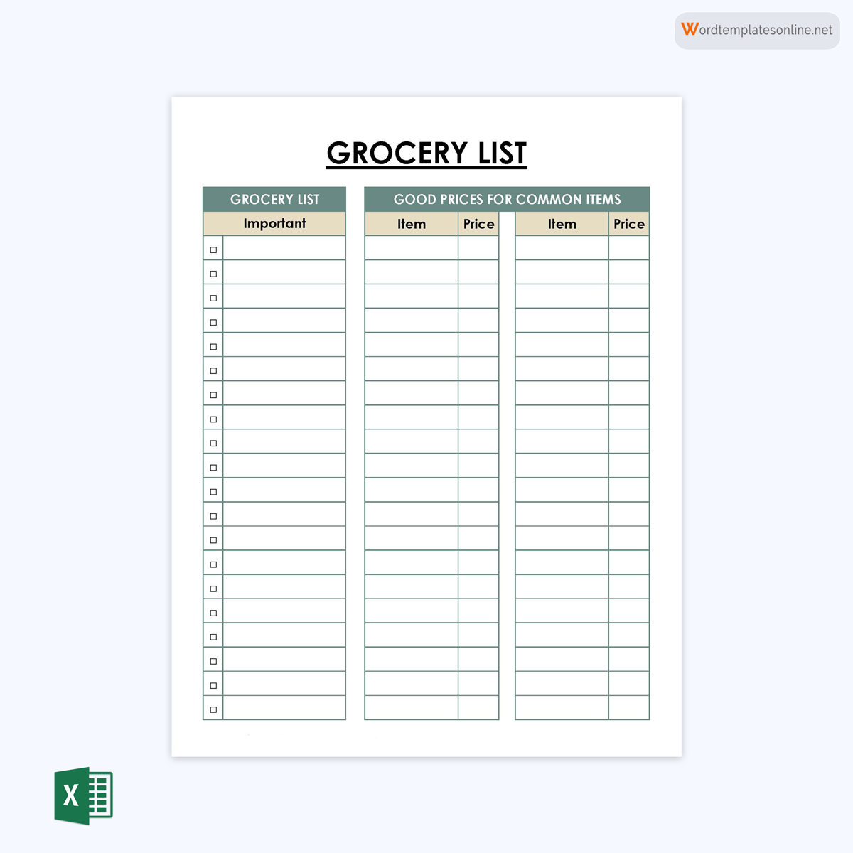 Free Fillable Grocery List Template 11 for Excel Sheet