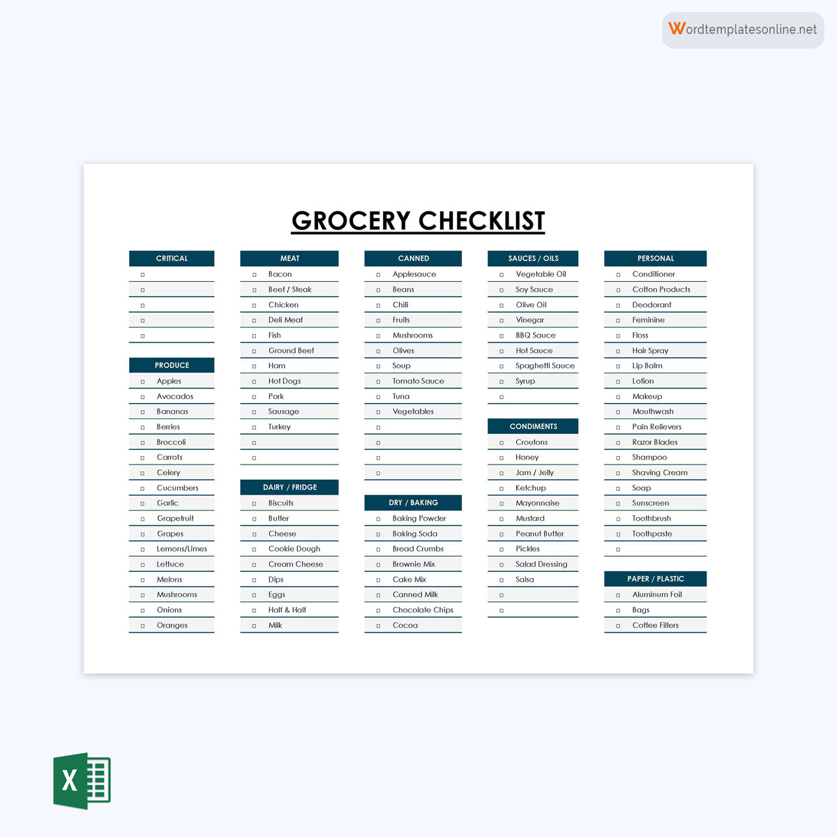 Free Fillable Grocery List Template 07 for Excel Sheet