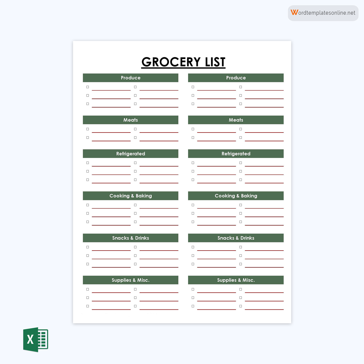 Free Fillable Grocery List Template 09 for Excel Sheet