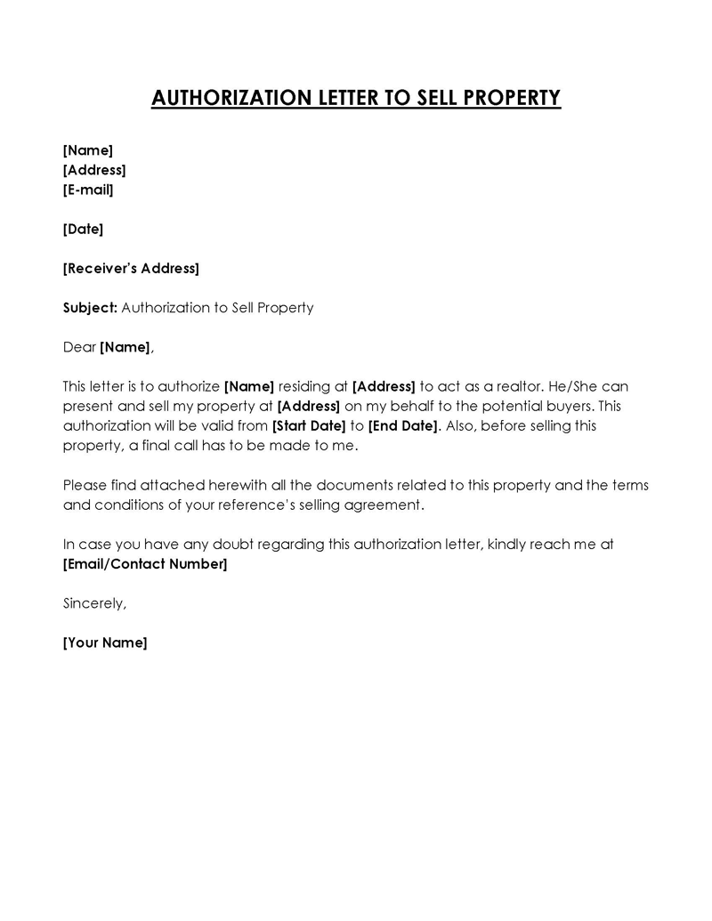 Printable Authorization Letter to Sell Property Template for Word File