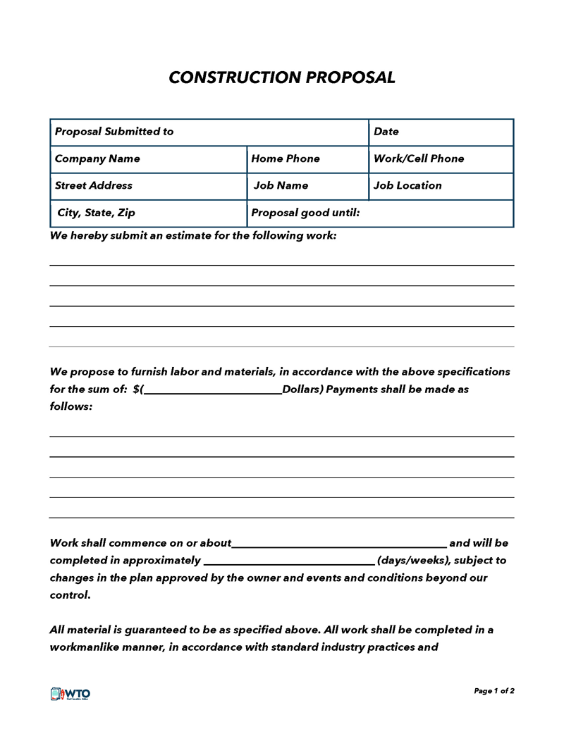 Professional Printable General Construction Proposal Template 01 as Word Document