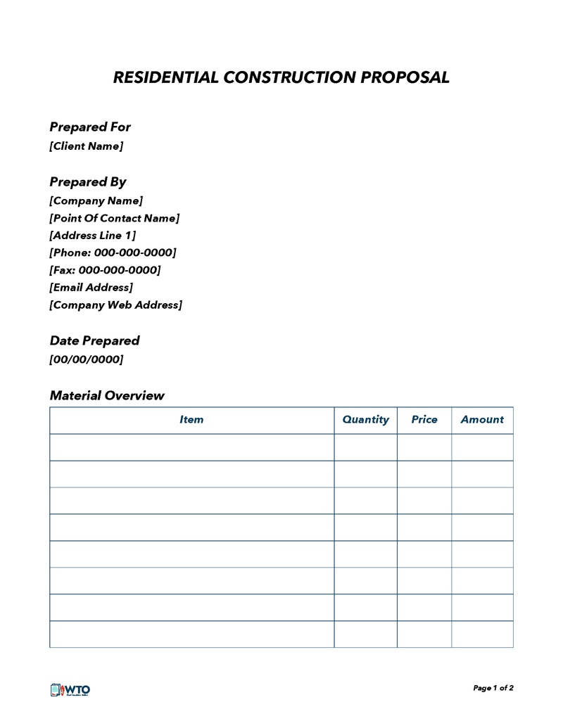 Professional Printable Residential Construction Proposal Template as Word Document