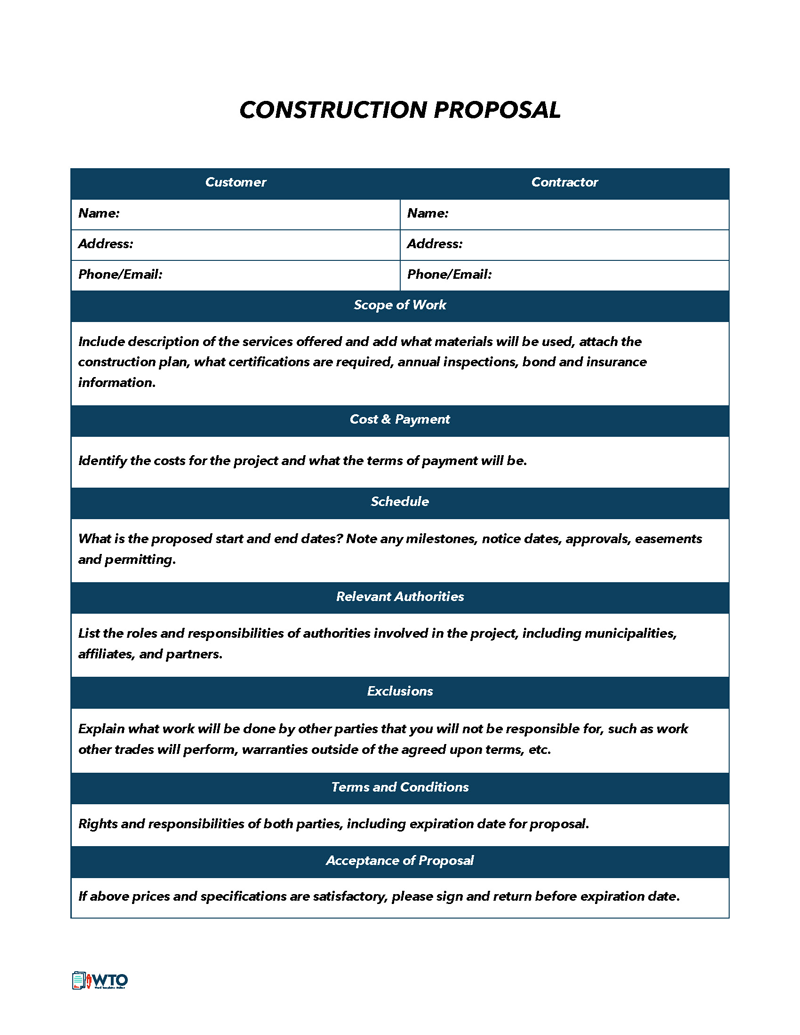 Professional Printable Contractor Construction Proposal Template as Word Document