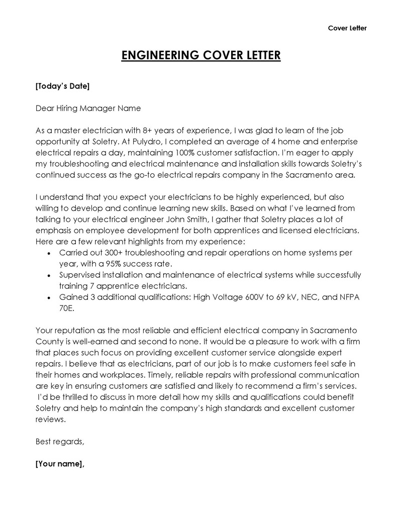 Great Printable Electrical Engineer Cover Letter Sample 02 for Word Document