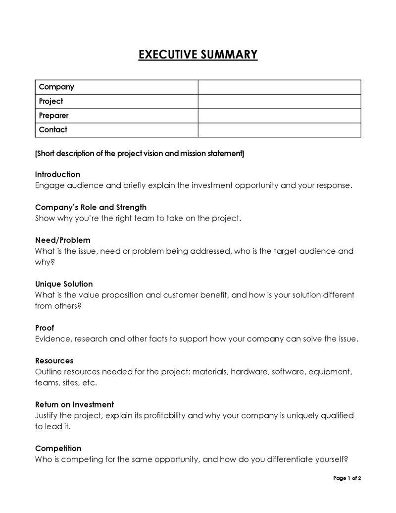 Executive summary template Excel
