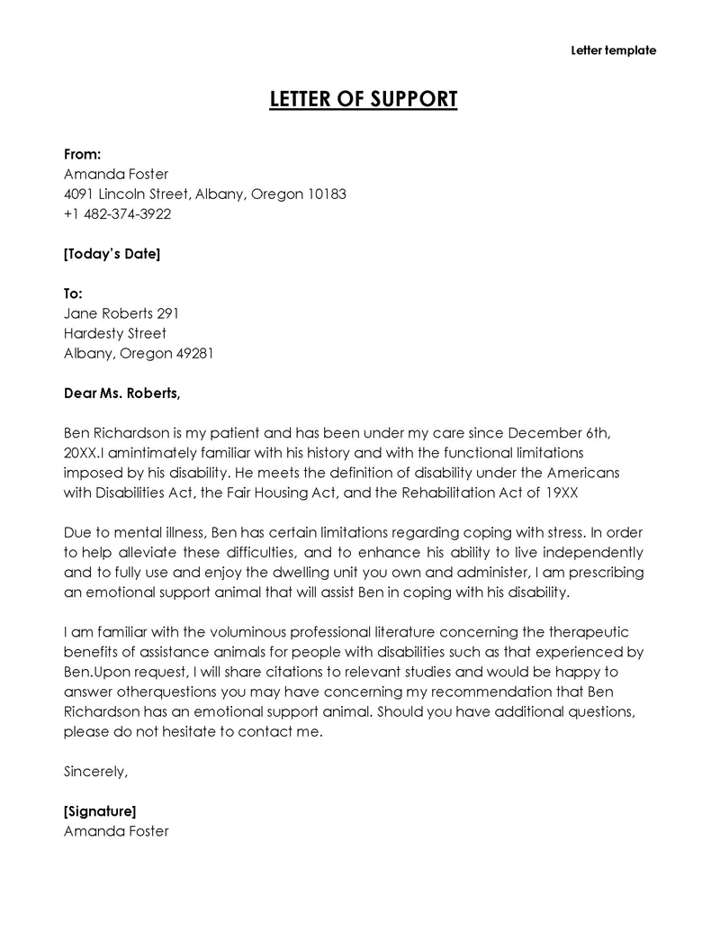 
letter of support template for professor