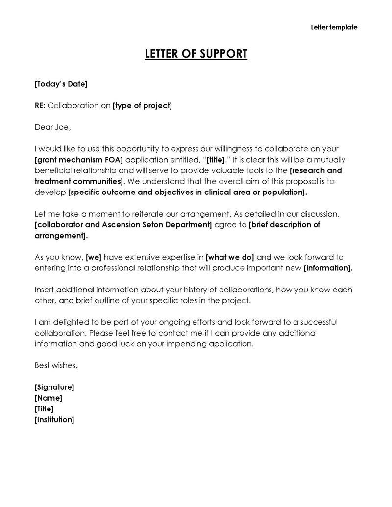 
letter of support template for professor