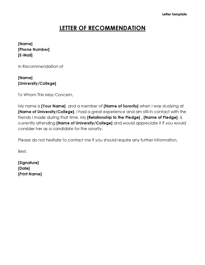 Editable Letter of Recommendation Template 05 for Word File