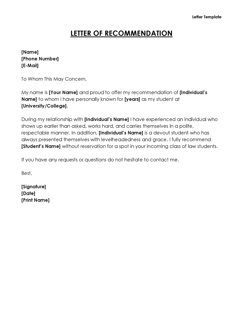 Free Letter of Recommendation Template 06 for Word File