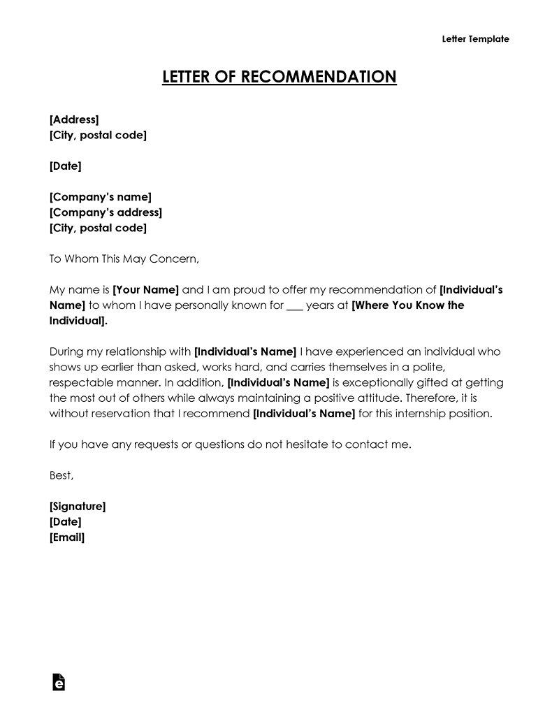 Free Letter of Recommendation Template 08 for Word File