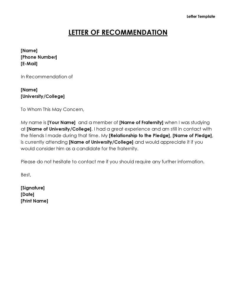 Free Letter of Recommendation Template 09 for Word File