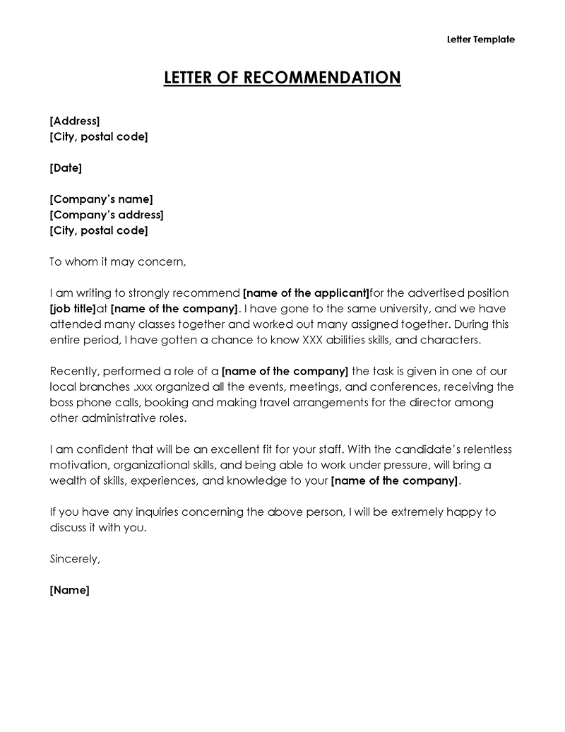 Professional Letter of Recommendation Template 12 for Word File