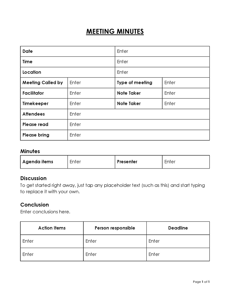 Great Downloadable General Meeting Minutes Template 02 for Word Document