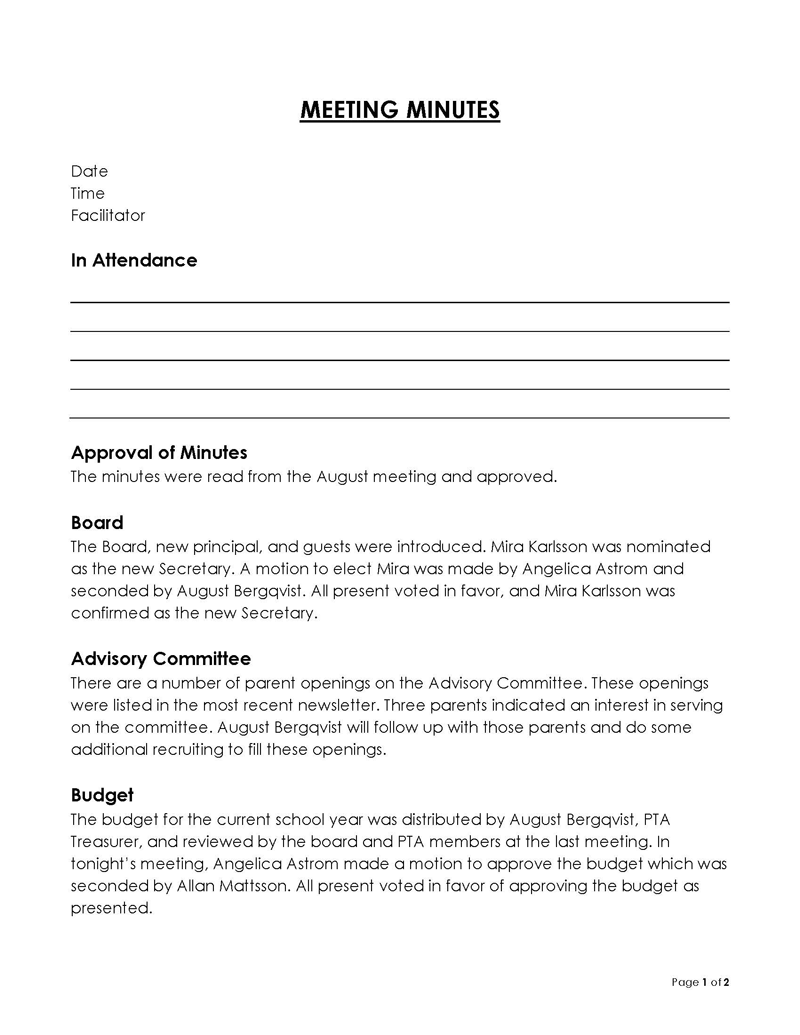 Great Downloadable In Attendance Meeting Minutes Template 02 for Word Document