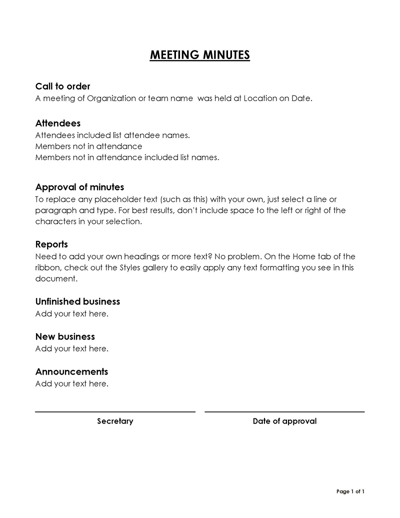 Professional Fillable Call to Order Meeting Minutes Template 01 for Word Document