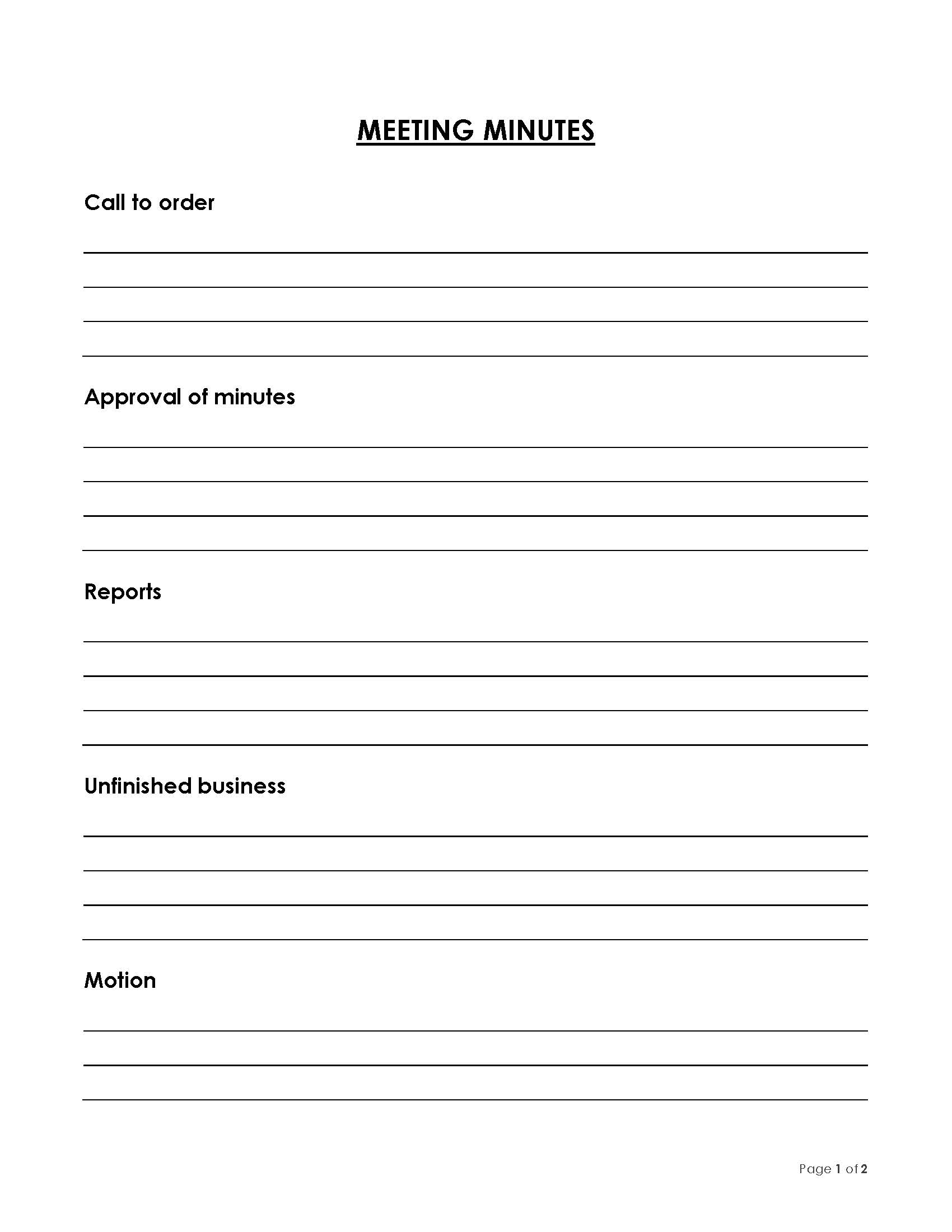Professional Fillable Call to Order Meeting Minutes Template 02 for Word Document