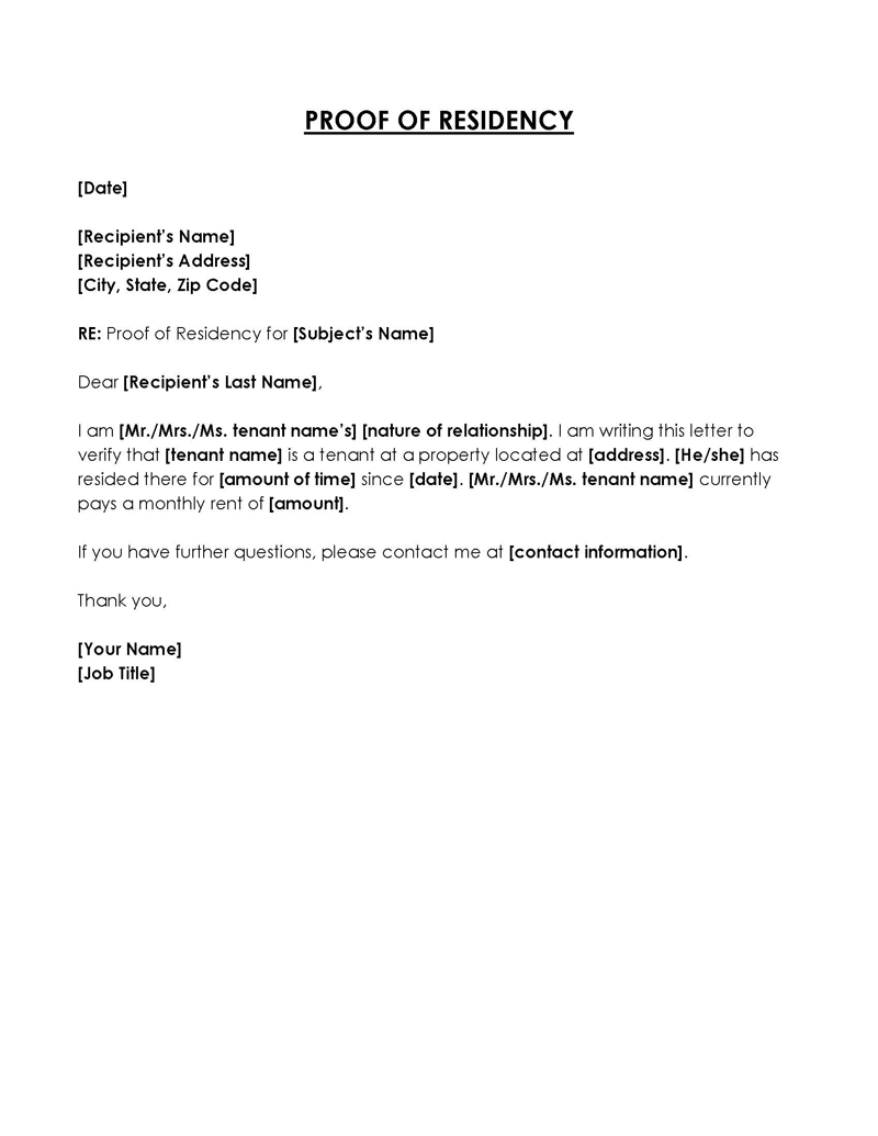 Proof of residency letter from family member sample
