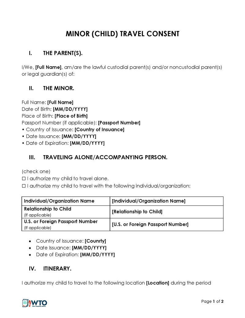Editable Child Travel Consent Form 02 for Word