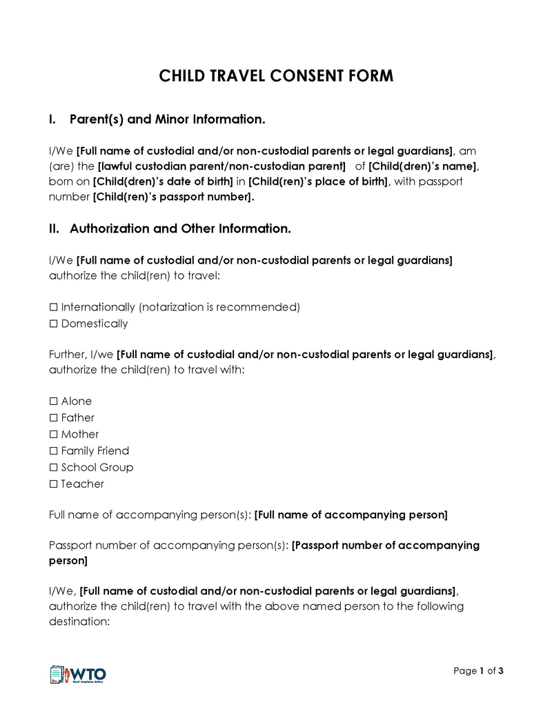 Free Child Travel Consent Form 03 for Word File