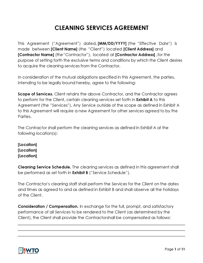 Cleaning service contract form template