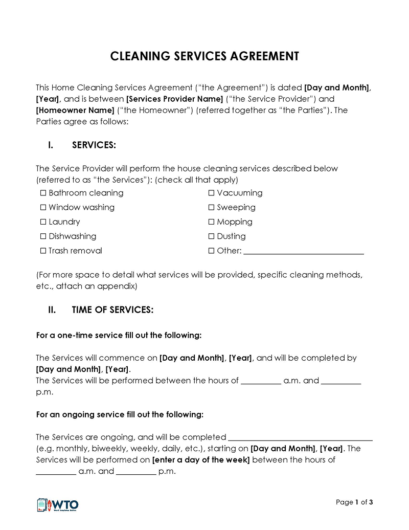 Printable cleaning service contract form
