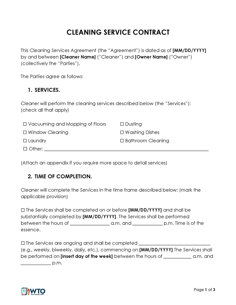 Cleaning service contract template with free download
