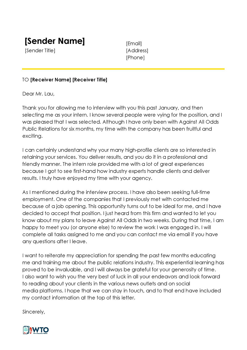 Internship Resignation Letter