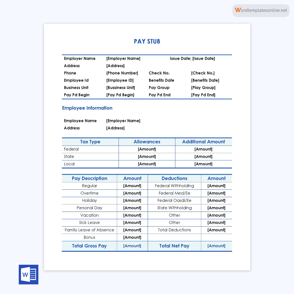 Free Customizable Pay Stub Template 01 as Word Document