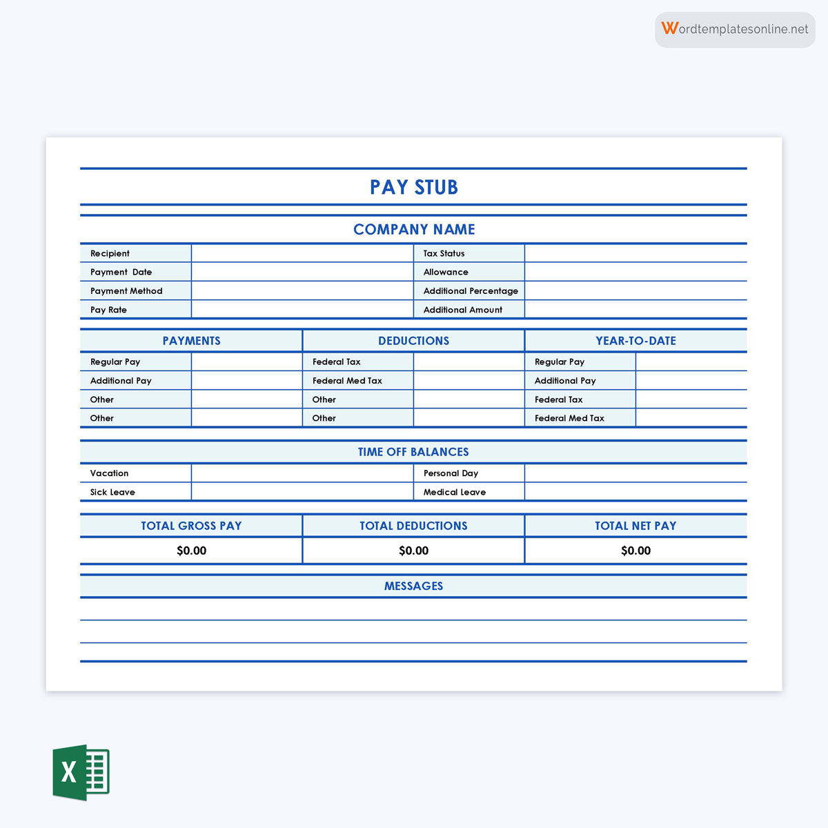 Free Customizable Pay Stub Template 02 as Excel Sheet