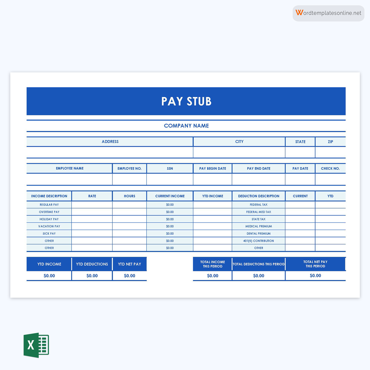 Free Customizable Pay Stub Template 03 as Excel Sheet