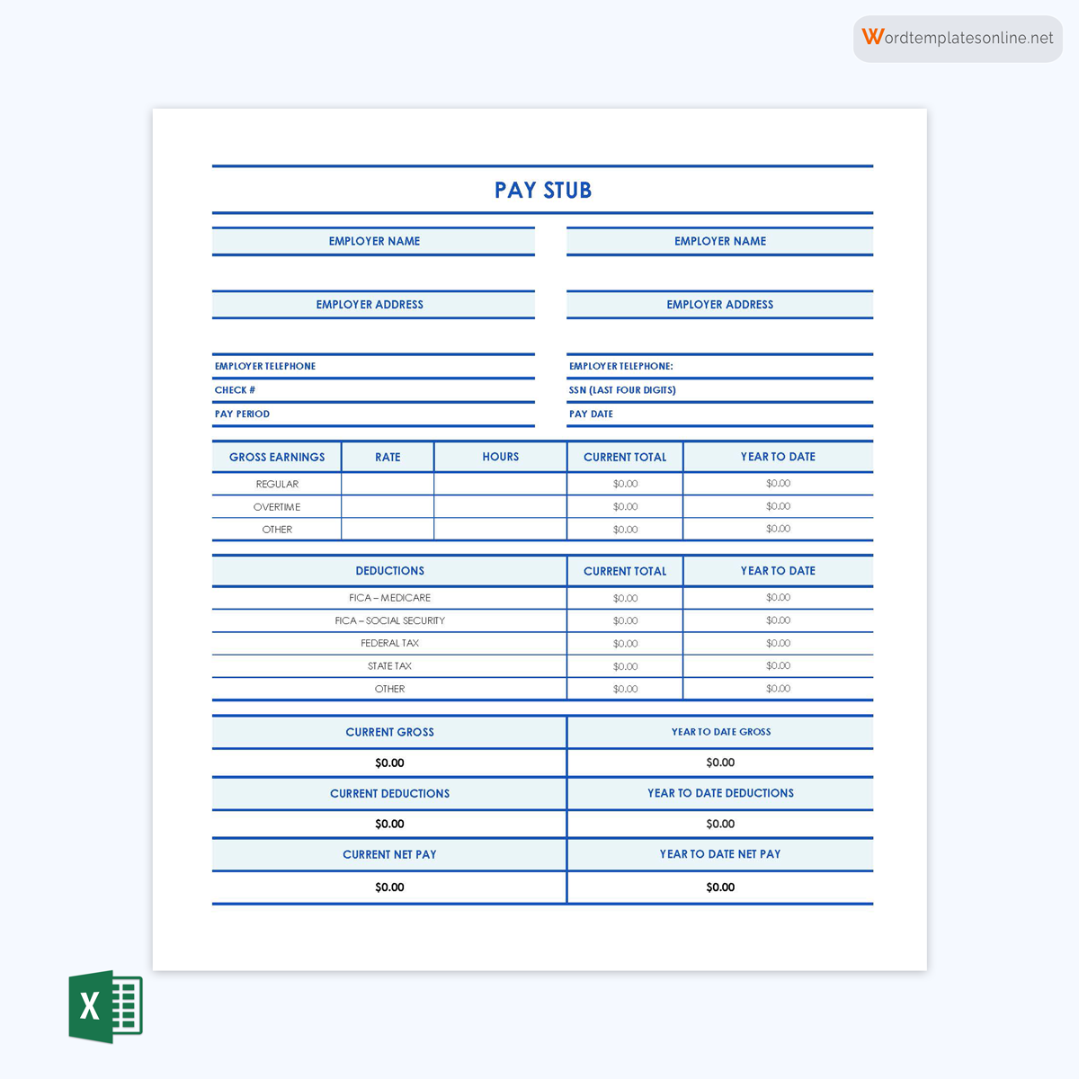 Free Customizable Pay Stub Template 04 as Excel Sheet