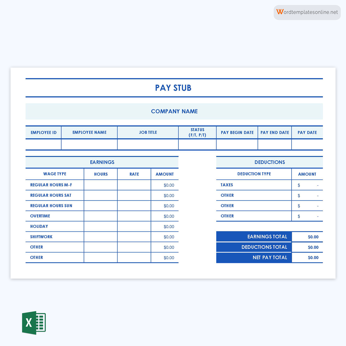 Free Customizable Pay Stub Template 05 as Excel Sheet