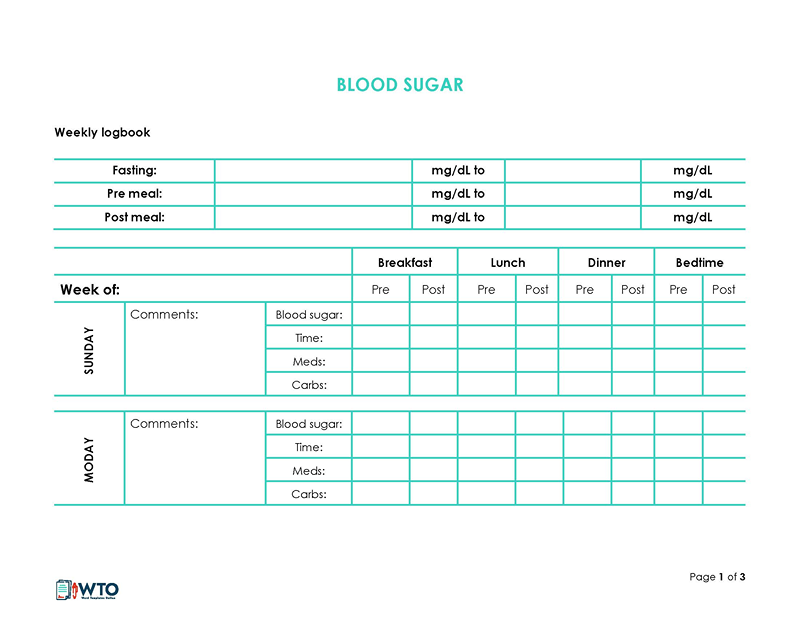 Great Fillable Weekly Blood Sugar Log Sheet Template for Word File