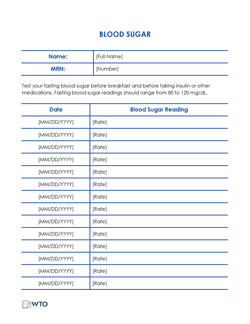 Great Fillable Monthly Blood Sugar Log Sheet Template 02 for Word File